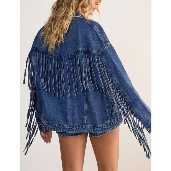 Women's Oversized Fringed Jacket Tassel Jean Jackets Cowgirl Western Denim Blue - Picture 2 of 9